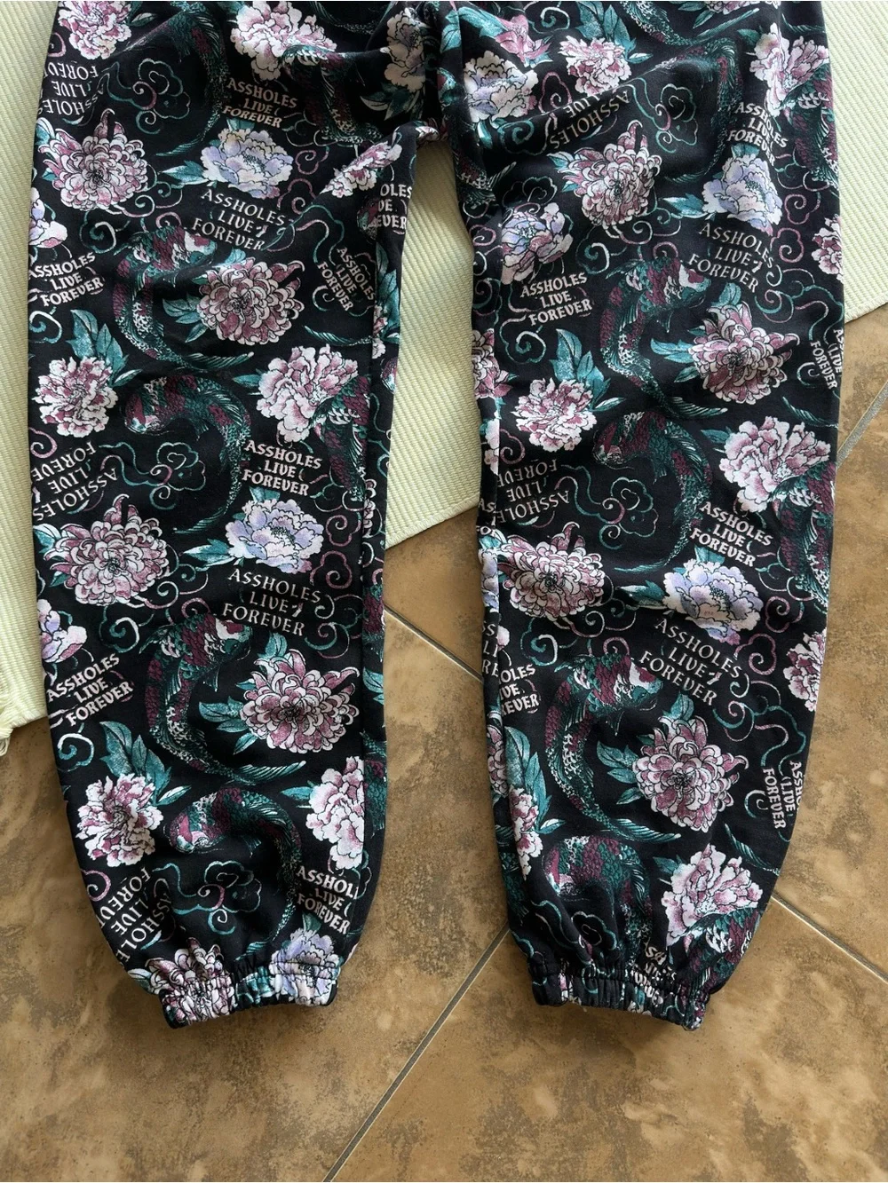 A$$holes Live Forever Black Multicolor Floral Peony Jogger Sweatpants